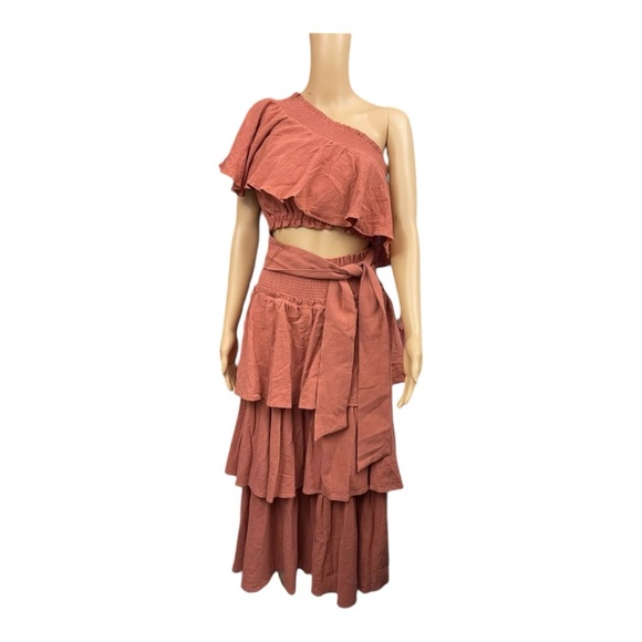Free People Go For Drama Set One Shoulder Ruffle Tiered Cotton Womens Small New - Picture 3 of 6